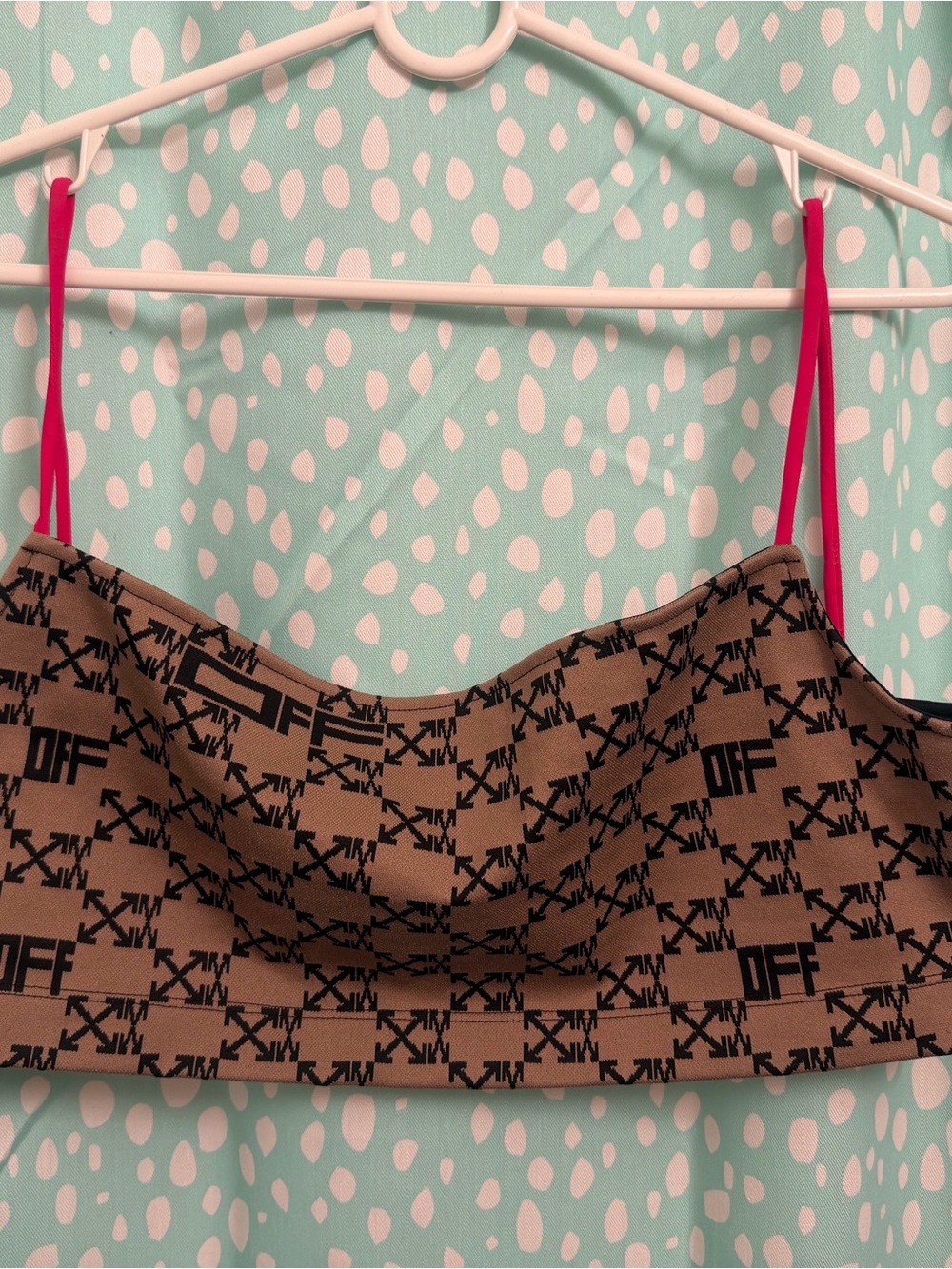 Brown offwhite Logo-Print Crop Top with Pink Straps